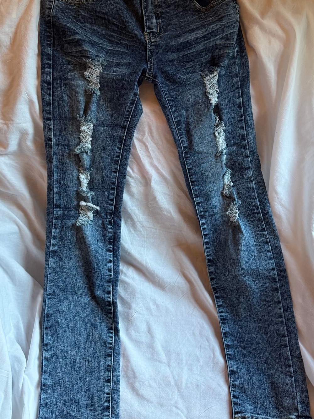 Ripped Dark Wash Girls Skinny Jeans - Blue